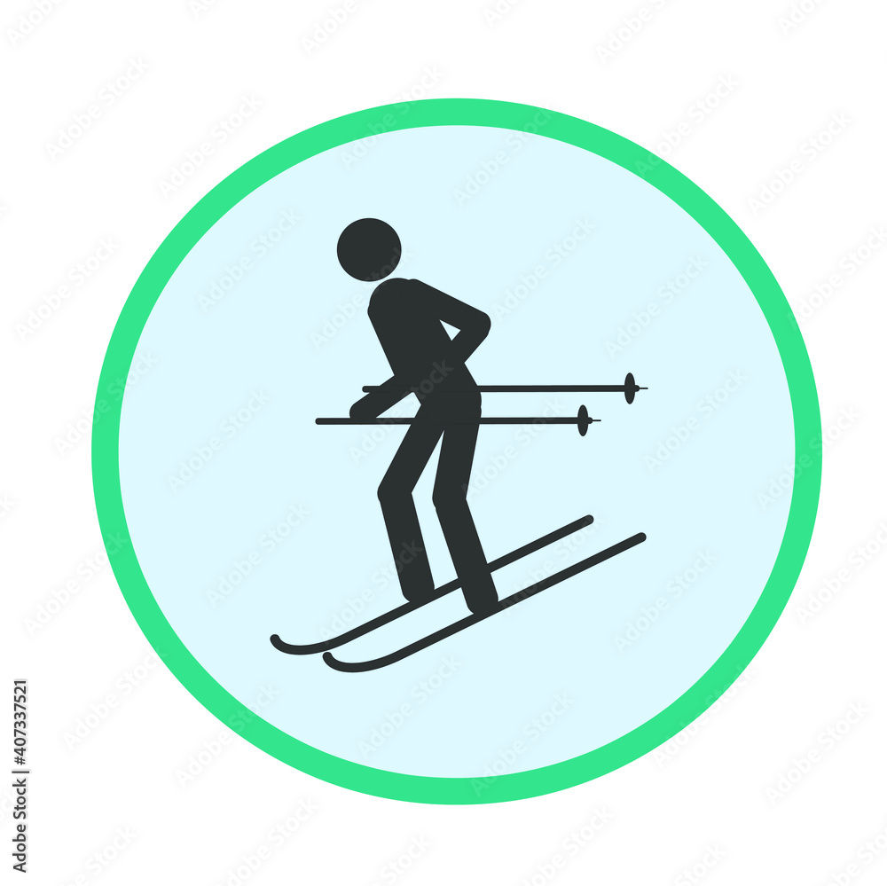 Skiing icon for web and mobile minimalistic flat design. A black icon of a person inside a blue circle. Skiing icon for web and mobile minimalistic flat design. A black icon of a person inside a blue circle.