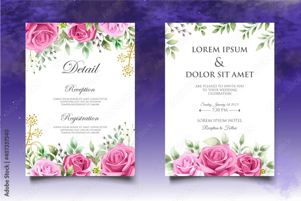 Wedding invitation card with beautiful flowers and leaves Wedding invitation card with beautiful flowers and leaves
