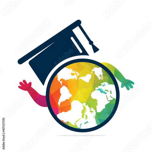 Study abroad vector logo design. Graduation cap with runner student and globe icon.