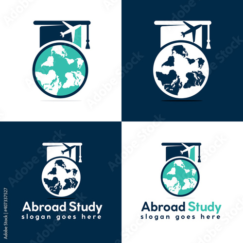 Study abroad vector logo design. Graduation cap and globe icon.