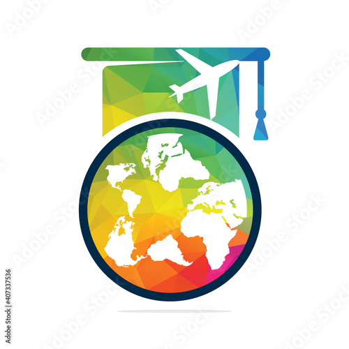 Study abroad vector logo design. Graduation cap and globe icon.