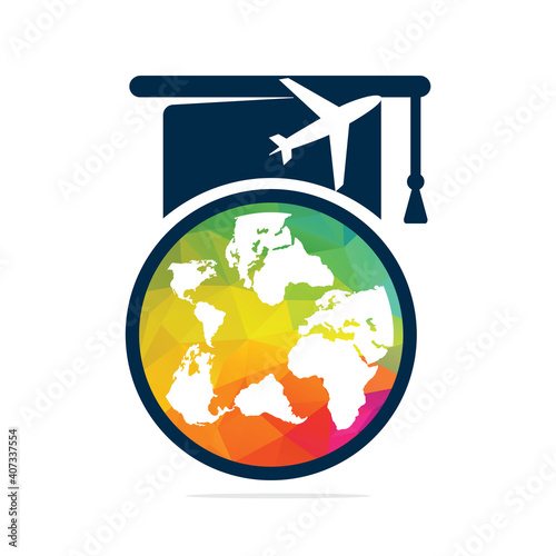 Study abroad vector logo design. Graduation cap and globe icon.