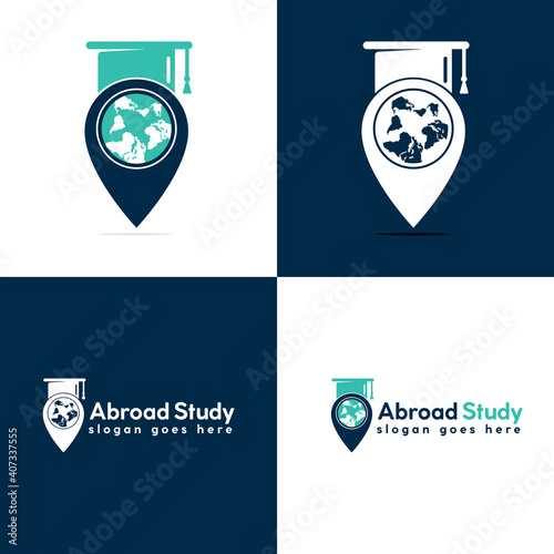 Location icon with educational logo design. Abroad Study log with map pointer vector template design.