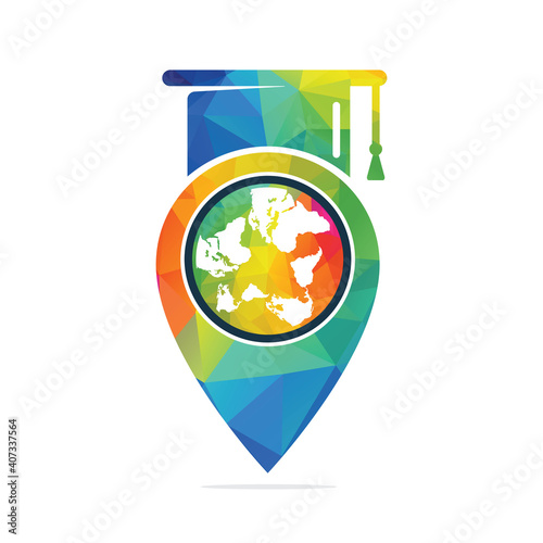 Location icon with educational logo design. Abroad Study log with map pointer vector template design.