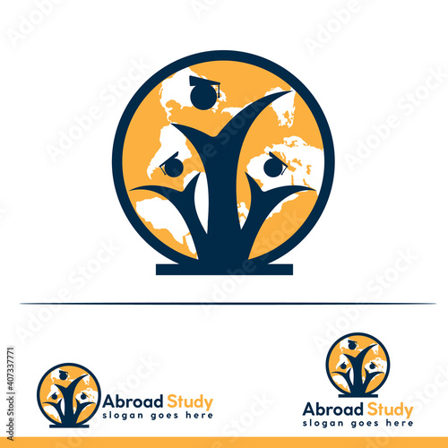 Happy Graduated Students Linked with global isolated on White Background. abroad education logo concept.