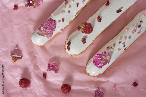 pink rose petals of rose on choux pastry