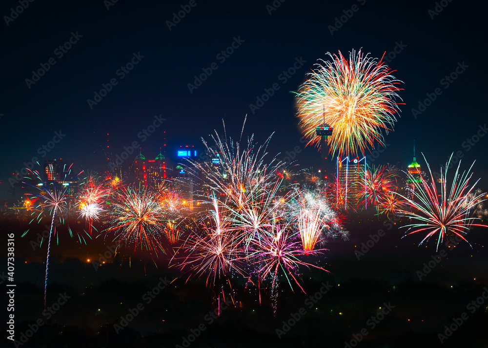 San Antonio New Year Fireworks over the skyline. San Antonio, Texas NYE in 2019 Composite San Antonio New Year Fireworks over the skyline. San Antonio, Texas NYE in 2019 Composite