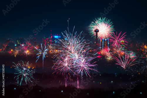 San Antonio New Year Fireworks over the skyline. San Antonio, Texas NYE in 2019