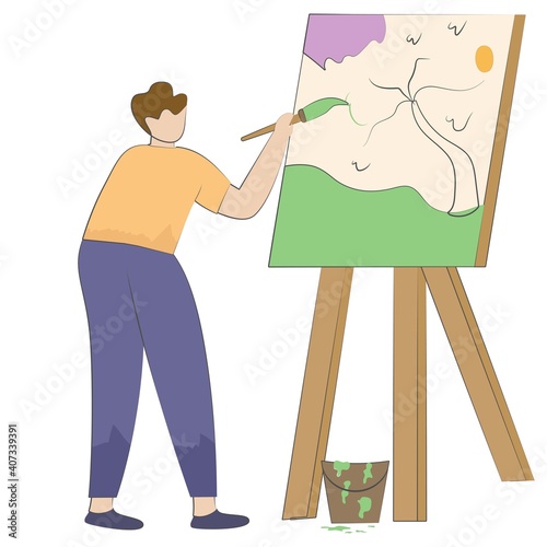 Young men painting with palette and brush vector illustration. men painting an abstract picture. Isolated flat vector illustration