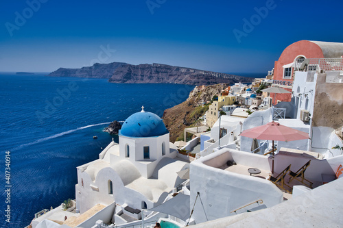 サントリーニ島、イア、青いドーム、ギリシャ