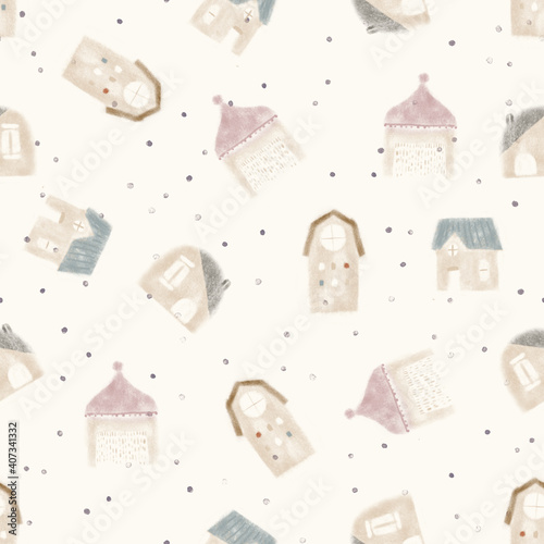 Seamless texture of little house. Hand drawn sketch watercolour painting on simple background. 