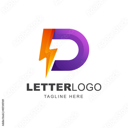 Letter D logo design with thunderbolt energy shape