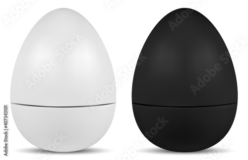Egg shape lip balm cosmetic container, face cream jar round pack. Face creme or powder product mockup, white and black plastic pot. Beauty lotion bottle 3d template, front view