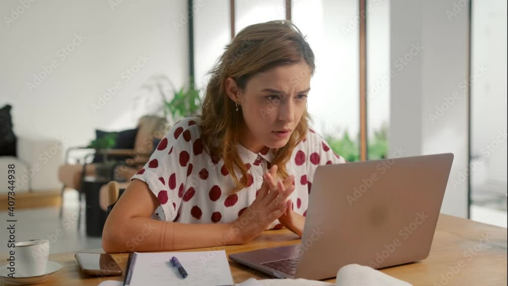 Young woman employee using looking at laptop computer at home office frustrated shocked after reading bad online news got email with failed test exam results feel upset stressed having problem concept Young woman employee using looking at laptop computer at home office frustrated shocked after reading bad online news got email with failed test exam results feel upset stressed having problem concept