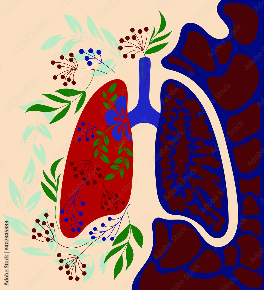 Healthy lungs and smoker's lungs. Anatomical Lung with flowers and