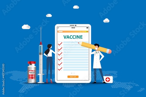 Concept of medical health, two doctors are discussing on a big screen of tablet to determine and understand dose of coronavirus vaccine to the patient.