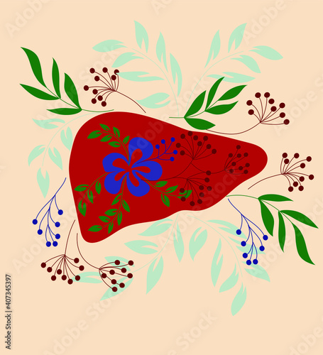 Anatomical Liver with flowers and leaves. Trendy print for T-shirts and sweatshirts. Spring romantic heart. Hand drawn illustration 