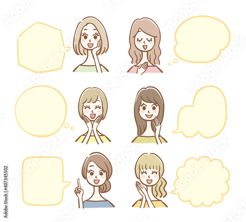 会話する女性とフキダシのセット