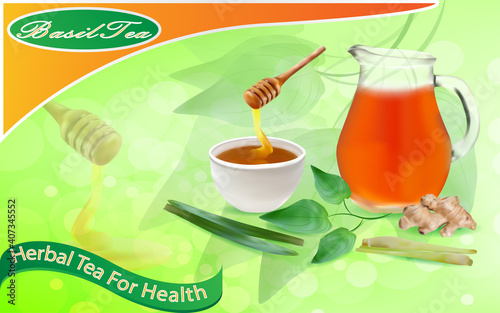The composition of the herbal tea with basil leaves is shown in the form of an advertisement