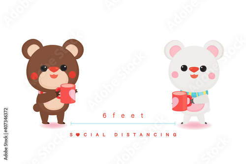 Illustration of Valentine's Day greeting card. Character design. Cute bears with social distancing.