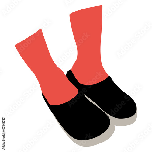 Closeup of two human legs in socks and summer shoes. Flat cartoon style.