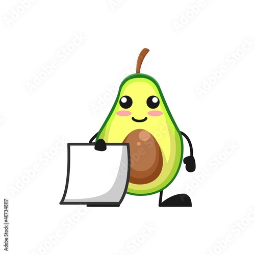 vector illustration of cute avocado fruit with blank paper. cute avocado fruit Concept White Isolated. Flat Cartoon Style Suitable for Landing Page, Banner, Flyer, Sticker.