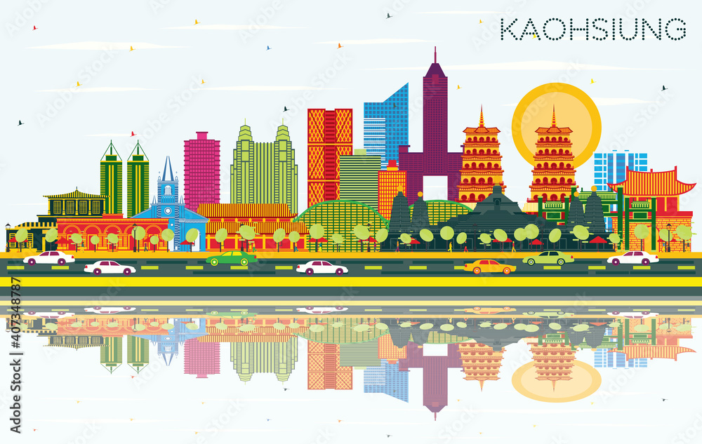Kaohsiung Taiwan City Skyline with Color Buildings, Blue Sky and Reflections. Kaohsiung Taiwan City Skyline with Color Buildings, Blue Sky and Reflections.