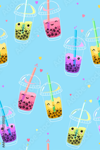 Seamless pattern with kawaii bubble tea. Vector graphics.