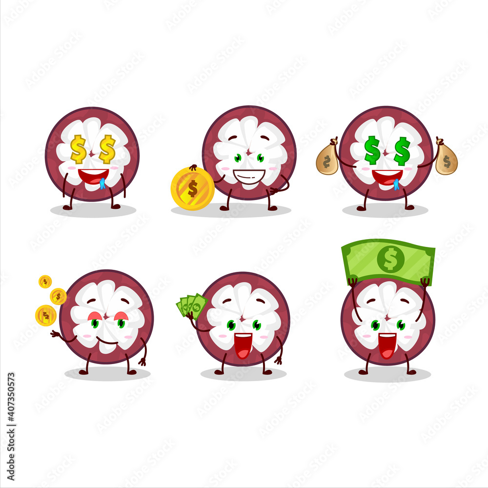 Slice of mangosteen cartoon character with cute emoticon bring money