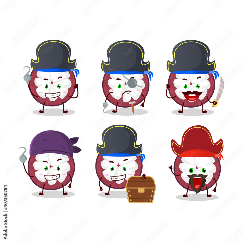 Cartoon character of slice of mangosteen with various pirates emoticons