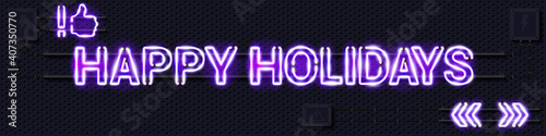HAPPY HOLIDAYS glowing purple neon lamp sign. Realistic vector illustration. Perforated black metal grill wall with electrical equipment.