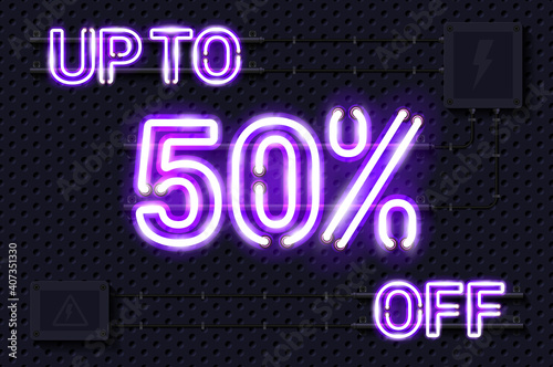 UP TO 50 percent OFF glowing purple neon lamp sign. Realistic vector illustration. Perforated black metal grill wall with electrical equipment.