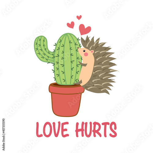 Hedgehog hugging cactus plant in flat design on white background. Love hurts cute cartoon concept. 