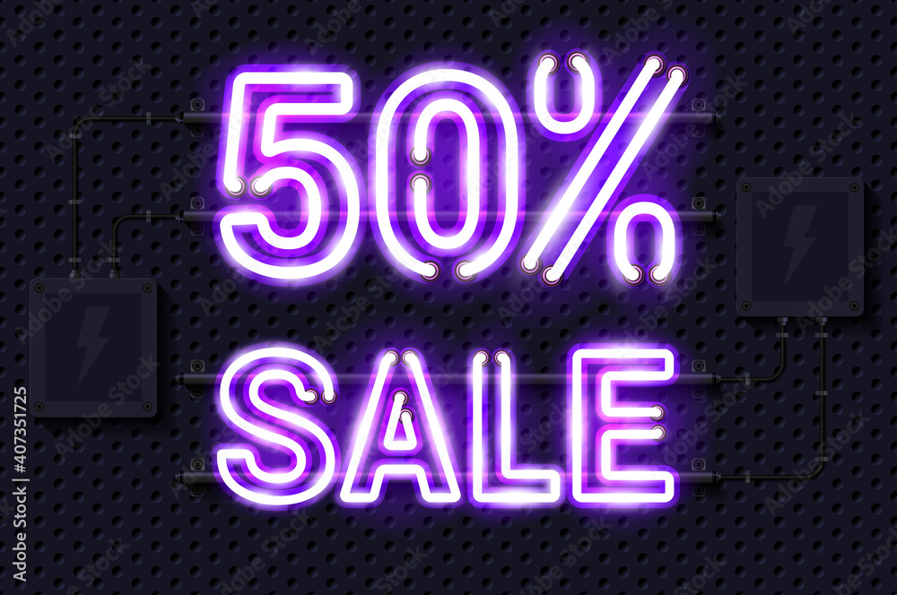 50 percent SALE glowing purple neon lamp sign. Realistic vector illustration. Perforated black metal grill wall with electrical equipment.