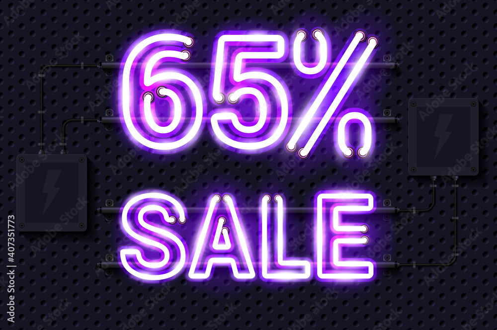 Obraz premium 65 percent SALE glowing purple neon lamp sign. Realistic vector illustration. Perforated black metal grill wall with electrical equipment.
