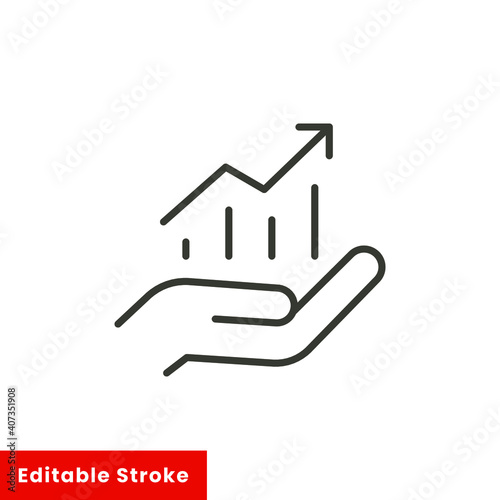 Hand and profit icon. Simple line style for web template and app. Future, pick, revenue, business, achievement, chart, diagram, vector illustration design on white background. Editable stroke EPS 10