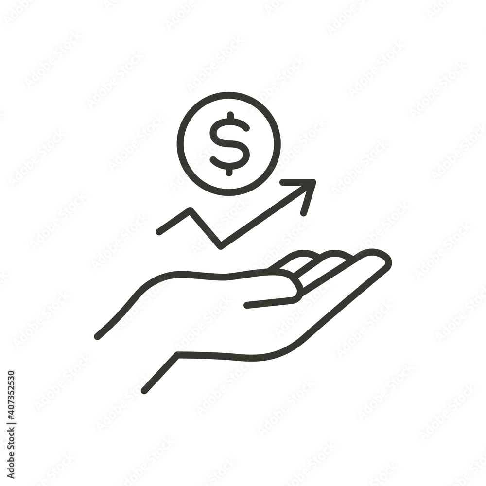 Hand and profit icon. Simple line style for web template and app. Future, pick, revenue, business, achievement, chart, diagram, vector illustration design on white background. EPS 10 Hand and profit icon. Simple line style for web template and app. Future, pick, revenue, business, achievement, chart, diagram, vector illustration design on white background. EPS 10