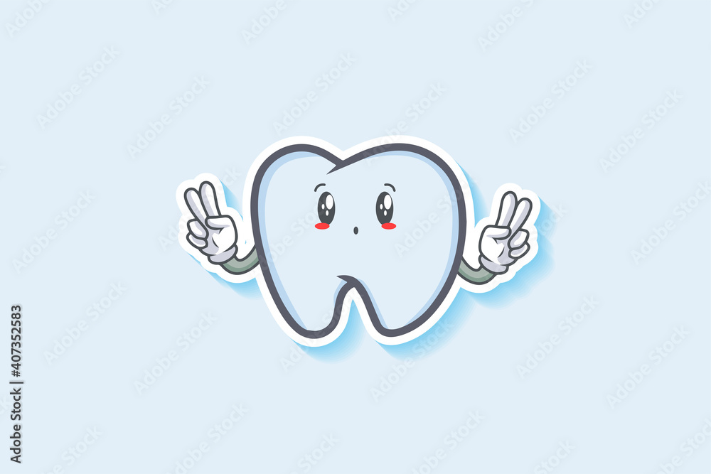 UH , OH, GASP Face Emotion. Double Peace Hand Gesture. Tooth Cartoon Drawing Mascot Illustration.