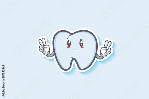 REALLY, ATTENTIVE, CURIOS Face Emotion. Double Peace Hand Gesture. Tooth Cartoon Drawing Mascot Illustration.
