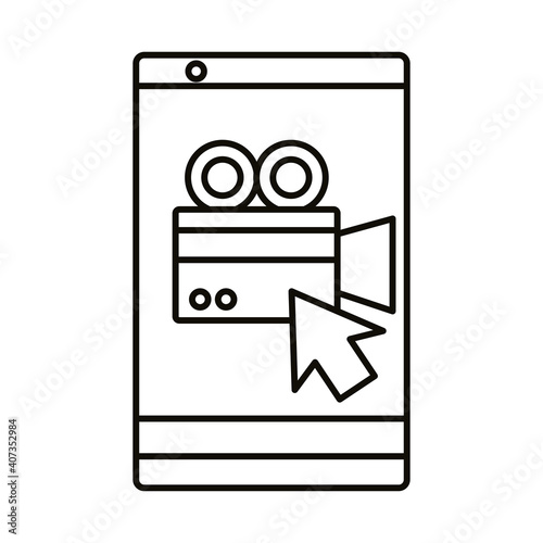 Digital marketing videocamera with cursor in smartphone line style icon vector design