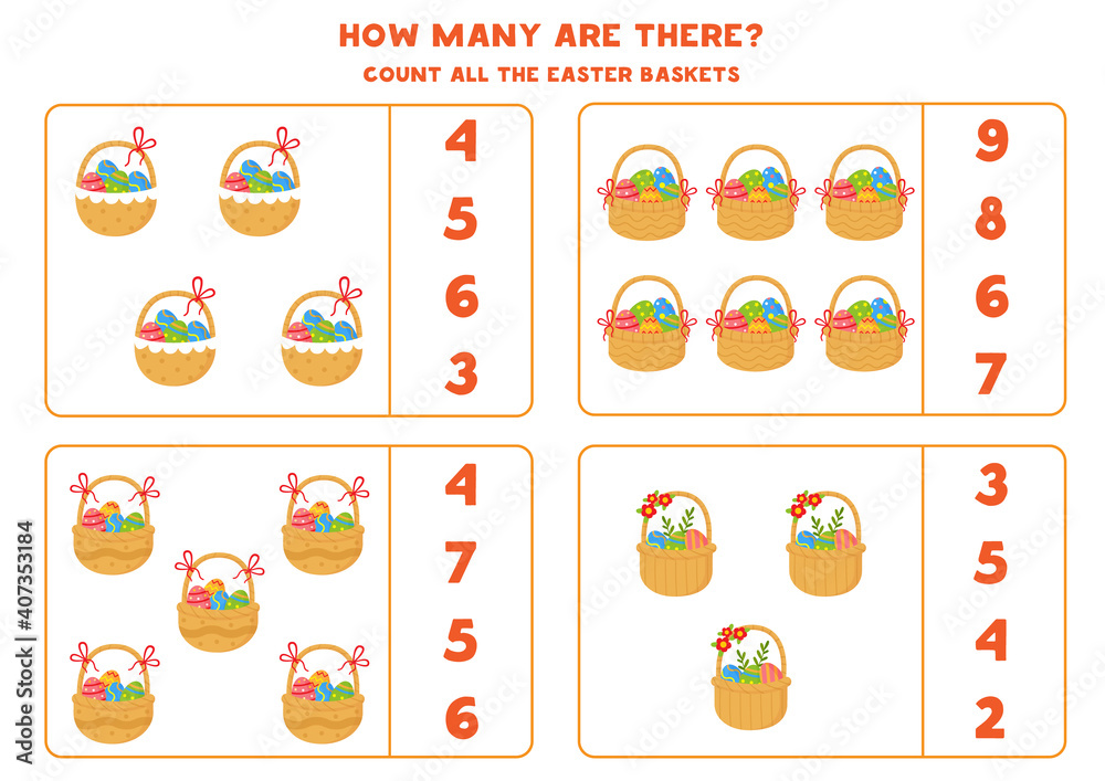 Counting game for kids. Count Easter baskets.