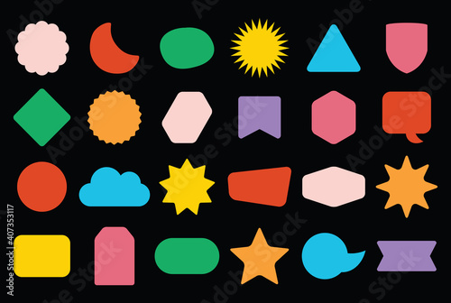 Colorful trendy and isolated random shapes empty sticker and labels icons set on black background