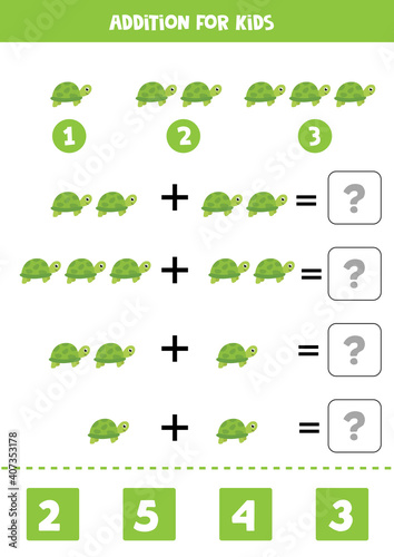 Addition worksheet with cartoon turtle. Math game.