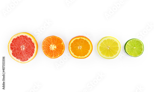 Isolated composition with citrus fruits  on white background  flat lay