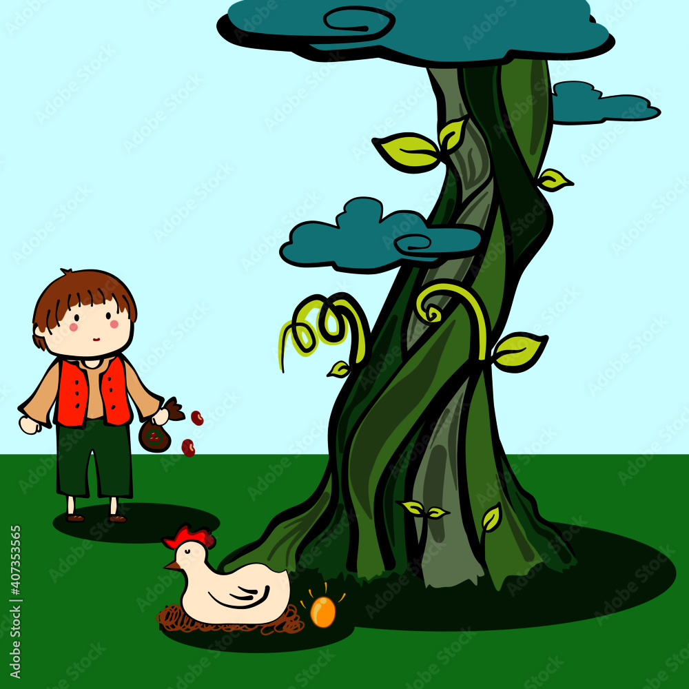 Doodle Cartoon of Jack and The Beanstalk finding Chicken with Golden ...