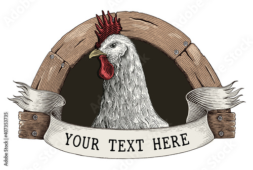Chicken farm logo hand draw vintage engraving style clip art isolated on white background