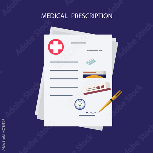 Doctor's prescription, drug checklist, price list, invoice, or purchase reference information. Health care medicine, pharmacy and vaccination concept. Flat style. Vector
