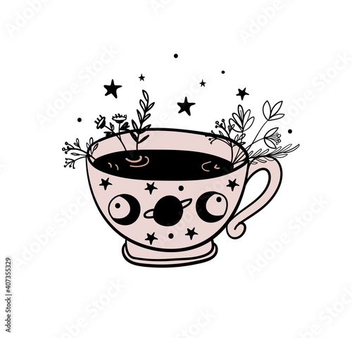 Tea time, a mug of tea, a cup of coffee. Doodle illustration for witch shop, witchcraft herbal potion, color hand drawing isolated on white background. Vector illustration.