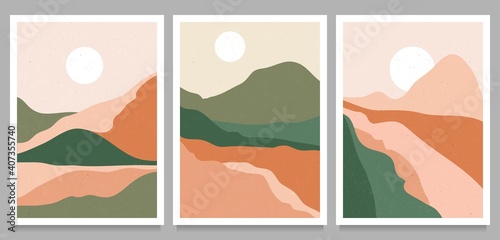 Mountain, forest, hill, wave, sun and moon on big set. Mid century modern minimalist art print. Abstract contemporary aesthetic backgrounds landscape. vector illustrations