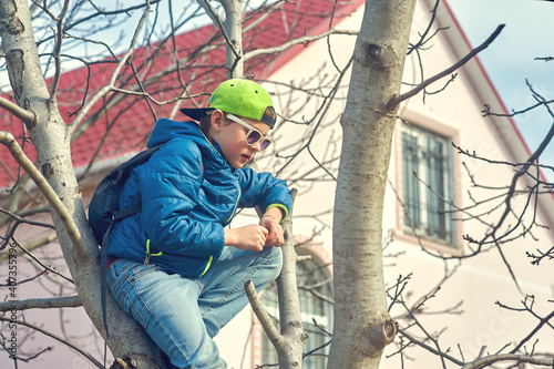 A boy sits on a tree on a spring day . Everyday life of teenagers .